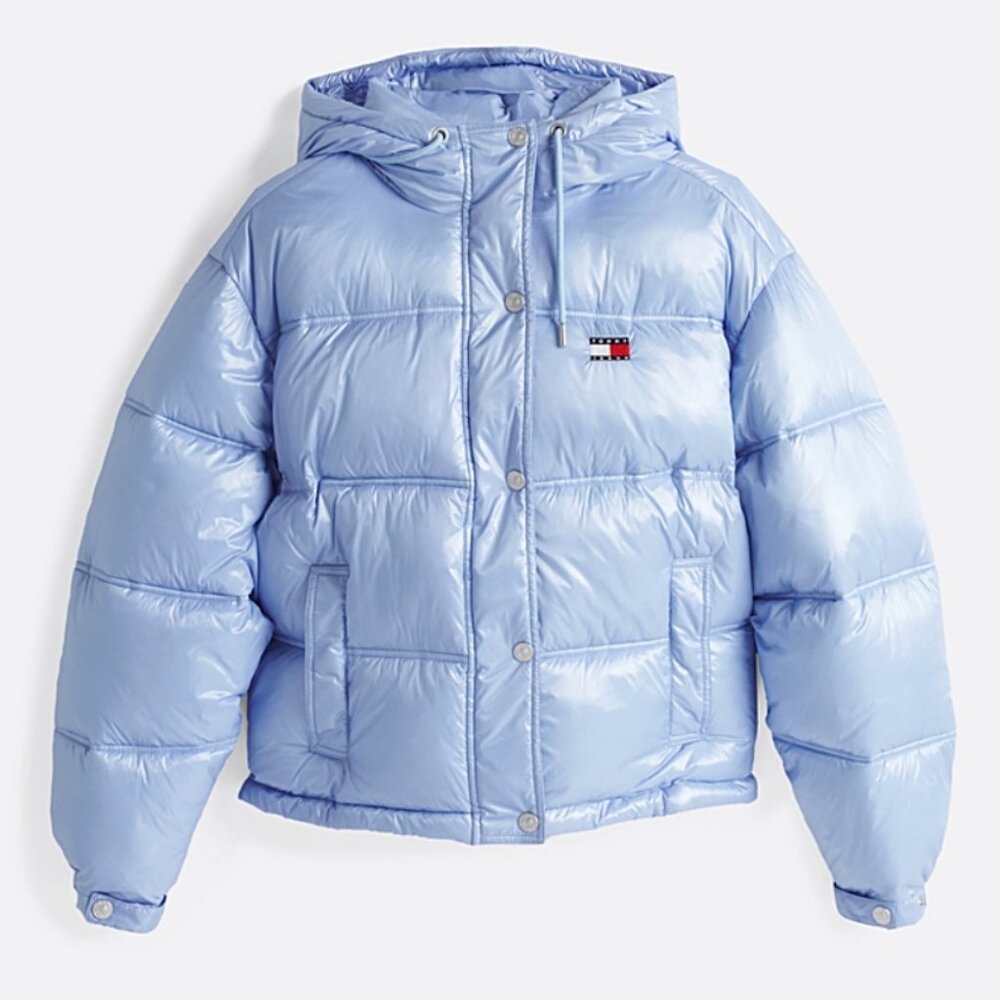 Tommy Hilfiger Baby Blue Glossy Cropped Puffer Jacket